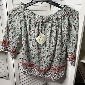 Knox Rose Women's XS Floral Off Shoulder Boho Peasant Top NWT Green Red Sheer‎